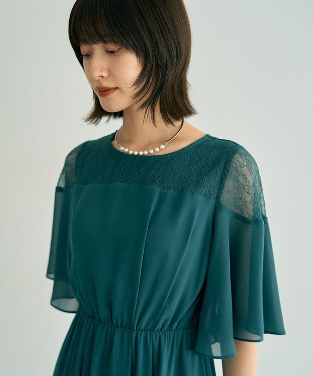 YECCA VECCA レース切替シフォンドレス Blue Green