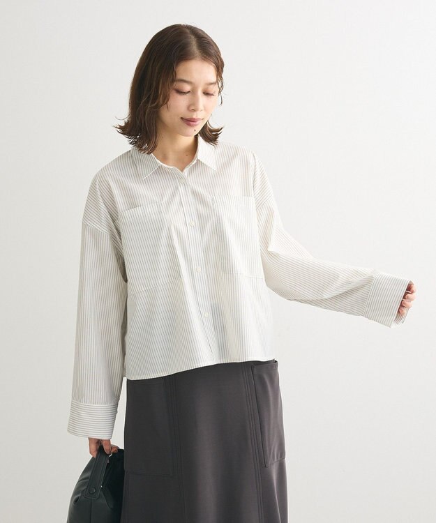 Green Parks イージーケアショート丈ストライプシャツ Off White