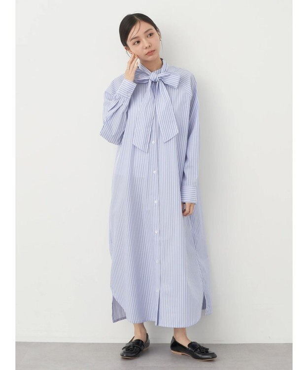 earth music&ecology ボウタイシャツワンピース Stripe Blue