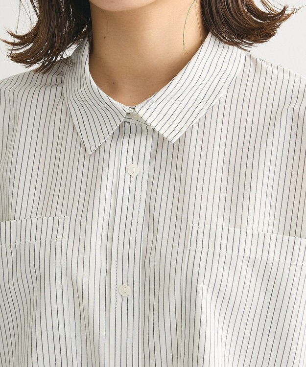 Green Parks イージーケアショート丈ストライプシャツ Off White