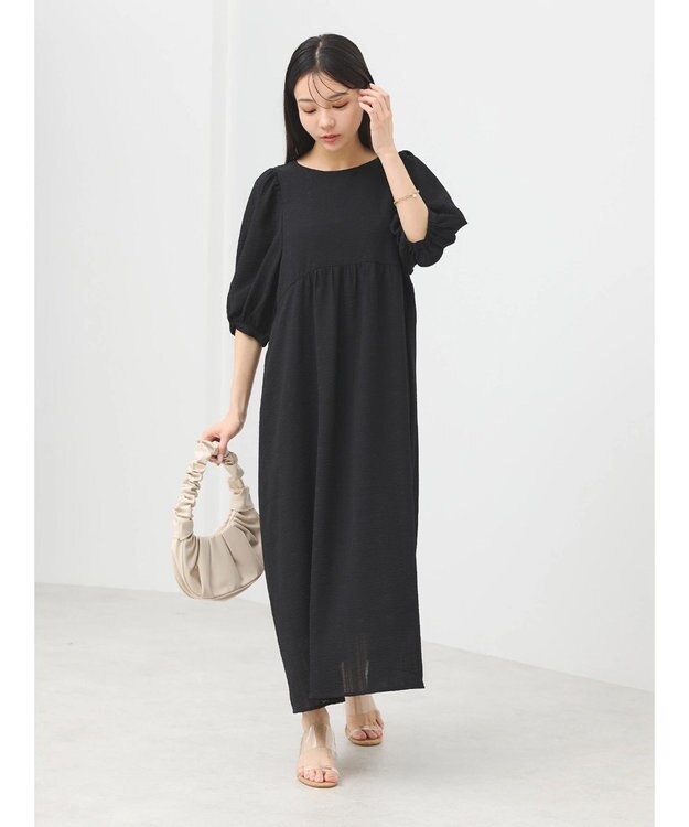 earth music&ecology 膨れジャガードパフ袖ワンピース Black