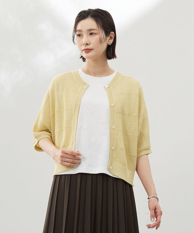 J.PRESS LADIES L 【洗える】PATTERN MESH ドルマンスリーブ カーディガン イエロー系