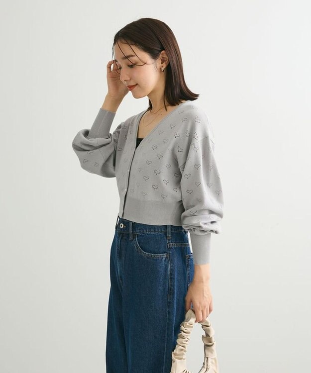 Green Parks ・ｓｗｉｎｇ　ｂｙ　ハート柄スカシニットカーディガン Gray