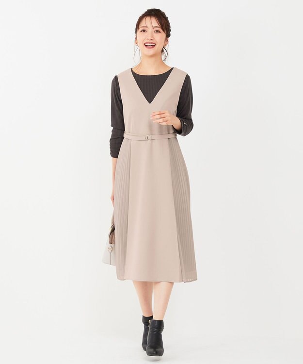 ANY SIS 【美人百花10月号掲載】カットソー×プリーツコンビ ジャンドレ ライトベージュ×チャコール