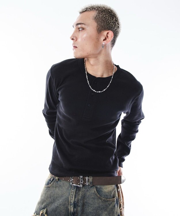 WEGO 【ユニセックス着用ITEM】コンパクトフィットリブヘンリーネックT（LS） ブラック