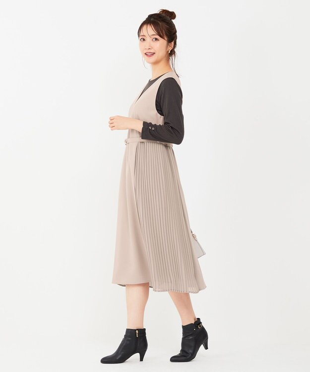 ANY SIS 【美人百花10月号掲載】カットソー×プリーツコンビ ジャンドレ ライトベージュ×チャコール