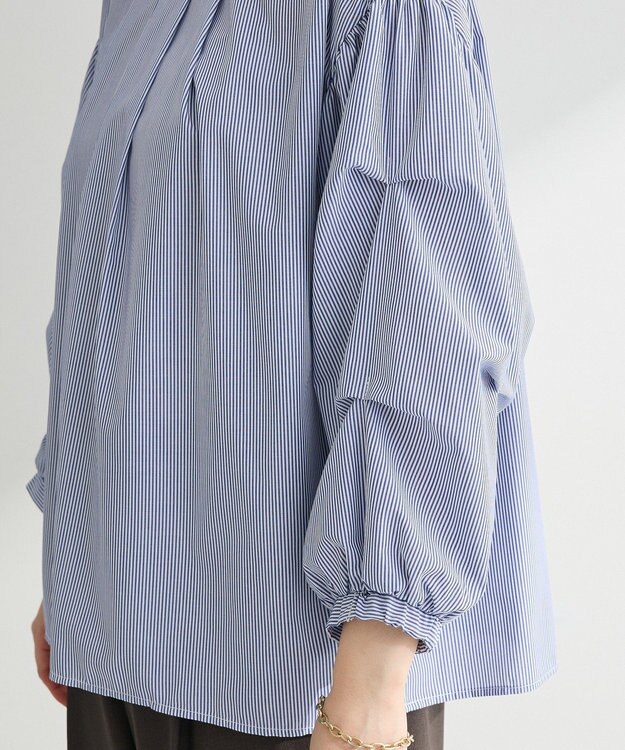 Green Parks イージーケア袖タックブラウス Stripe Blue