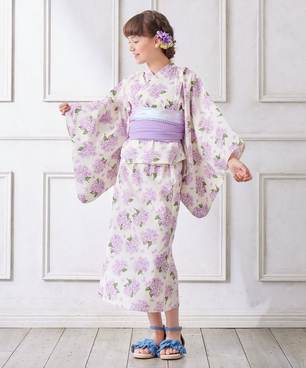 ANY KIDS ロング丈 浴衣 セット オフホワイト×アジサイ