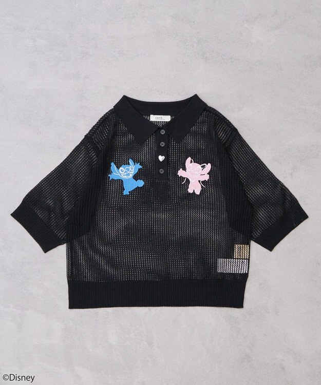 earth music&ecology スティッチ／刺繍ハートボタンニットポロシャツ Black