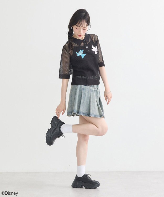 earth music&ecology スティッチ／刺繍ハートボタンニットポロシャツ Black