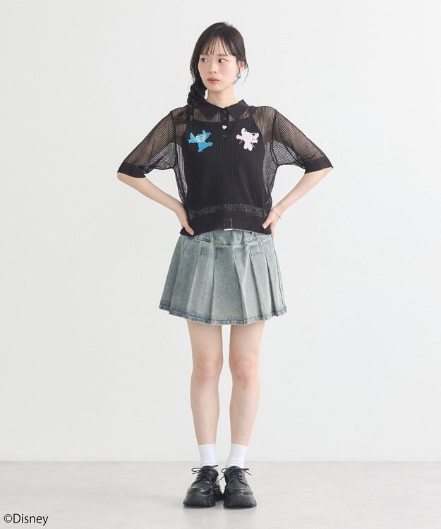 earth music&ecology スティッチ／刺繍ハートボタンニットポロシャツ Black