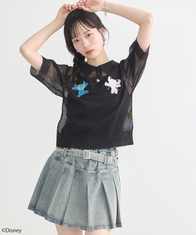 earth music&ecology スティッチ／刺繍ハートボタンニットポロシャツ Black