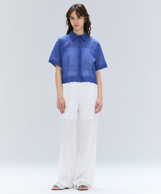 BEIGE， 【洗える・Oggi10月号掲載】MILANO / リネン混シアーポロカラーニット Blue