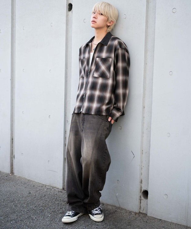 WEGO 【ユニセックス着用ITEM/MLサイズ展開】オンブレチェックシャツジャケット ブラウンチェック1