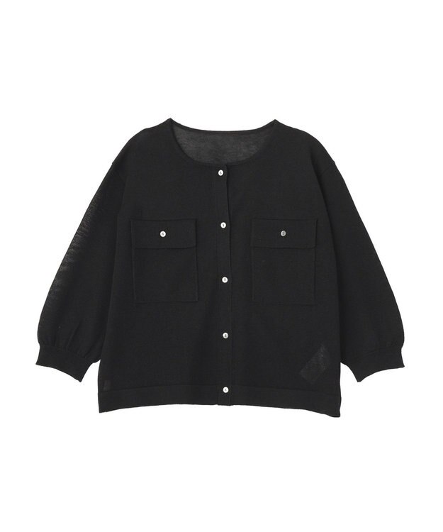 YECCA VECCA ノーカラー7分袖ポケットカーディガン Black