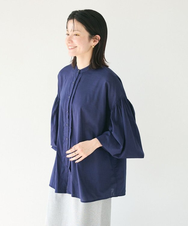 CRAFT STANDARD BOUTIQUE インド綿混パフスリーブシャツ Navy