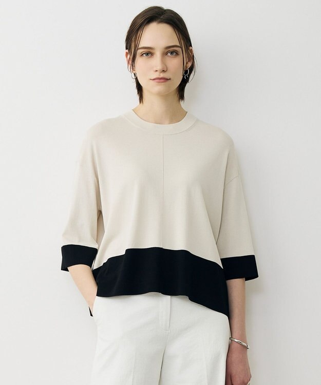 ICB 【先行予約】VIS/NYハイゲージ バイカラーニットT トープ×ブラック配色