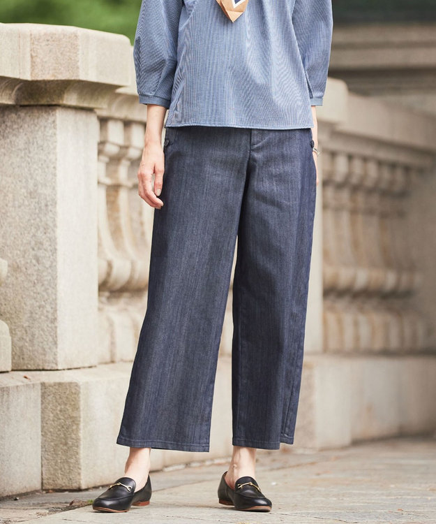 J.PRESS LADIES L 【洗える】T/C DENIM セミワイド パンツ ネイビー系