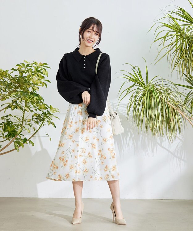 Tiaclasse L 【洗える】花柄プリントスカート オフホワイト