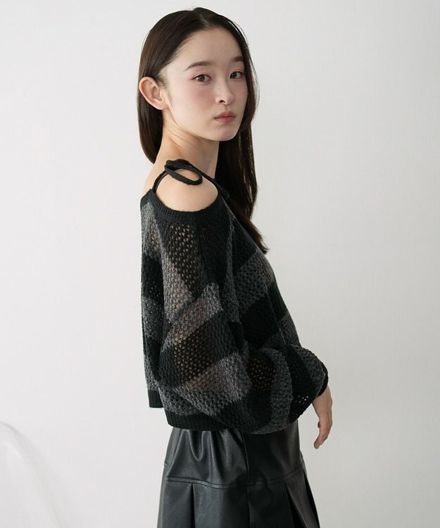 WEGO モヘアタッチ2WAYワンショルニット グレーボーダー