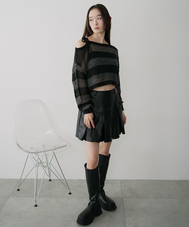 WEGO モヘアタッチ2WAYワンショルニット グレーボーダー