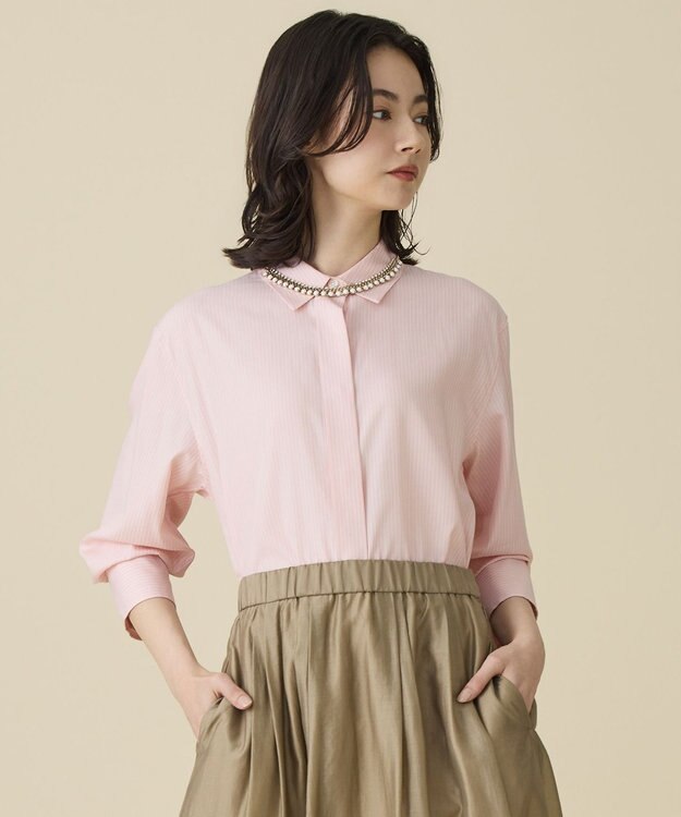 自由区 L ドレープブロード シャツブラウス ピンク×白ライン