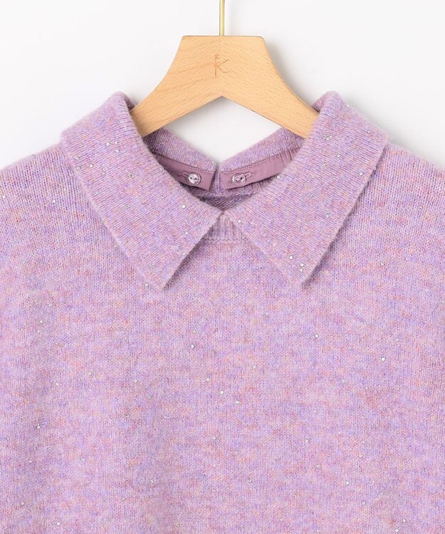 組曲 L 【加藤ローサさん着用 / 襟取り外し可】スパンコールヤーン 5分袖ニット ライラック系