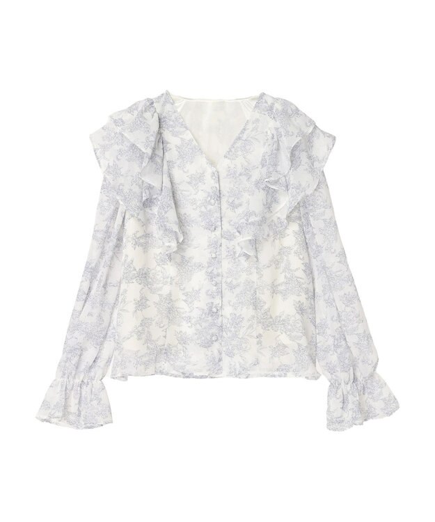 earth music&ecology 花柄ラッフルブラウス Blue