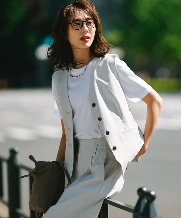 23区 L 【セットアップ対応/洗える】コットンリネン オックスストレッチ ジレ アイボリー系