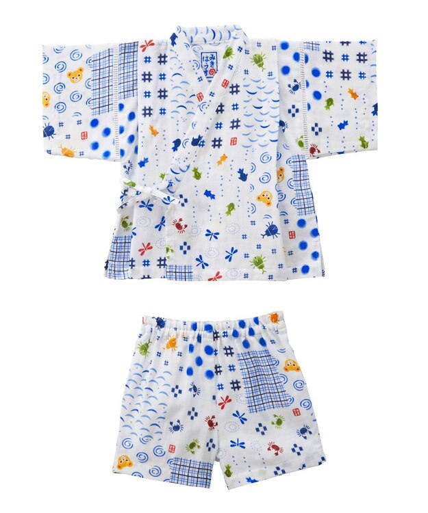 MIKI HOUSE HOT BISCUITS 【ミキハウス】【80-110cm】パッチワーク柄プッチー甚平スーツ 白