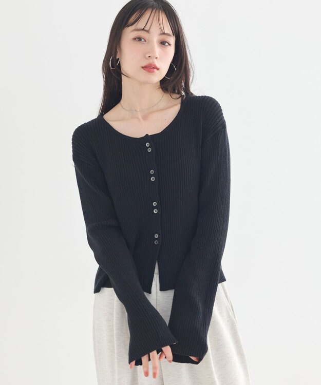 earth music&ecology 【予約】リブクロップドカーディガン ブラック