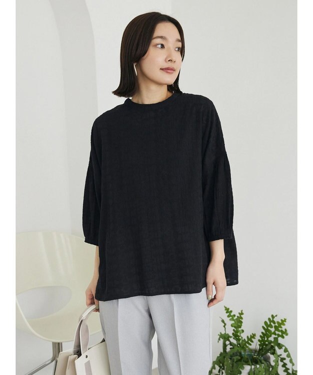 Green Parks インド綿 SET２点 刺繍７分丈ブラウス＋タンクトップ Black