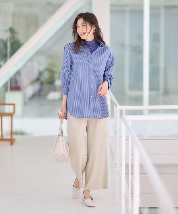 ANY 【洗濯機可能/接触冷感/UVケア】カラーストライプシャツ ブルーロンスト