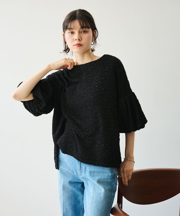 #Newans 【金子綾さんインスタライブご紹介アイテム】【洗える/セットアップ可能】ふくれジャガード パフスリーブブラウス ブラック
