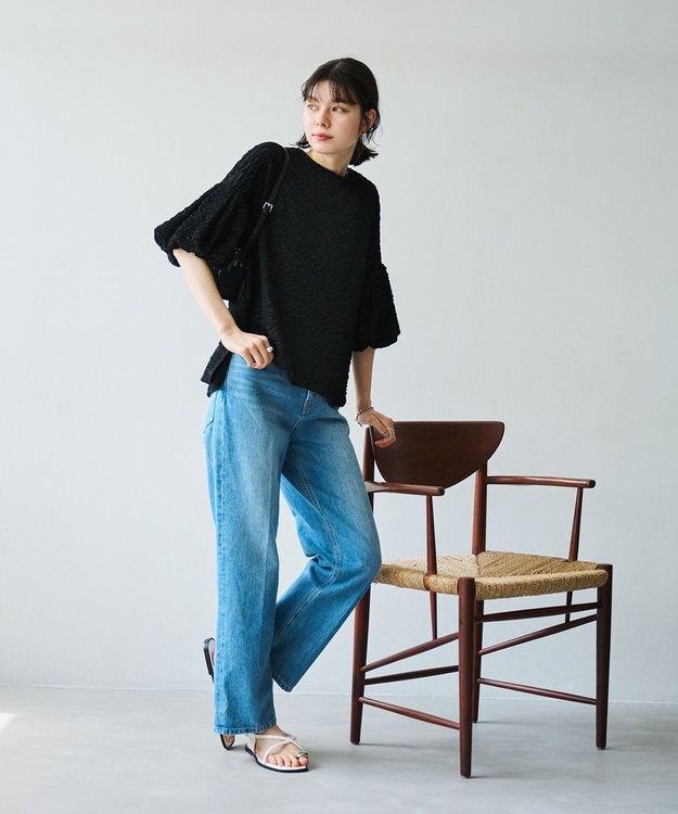 #Newans 【金子綾さんインスタライブご紹介アイテム】【洗える/セットアップ可能】ふくれジャガード パフスリーブブラウス ブラック