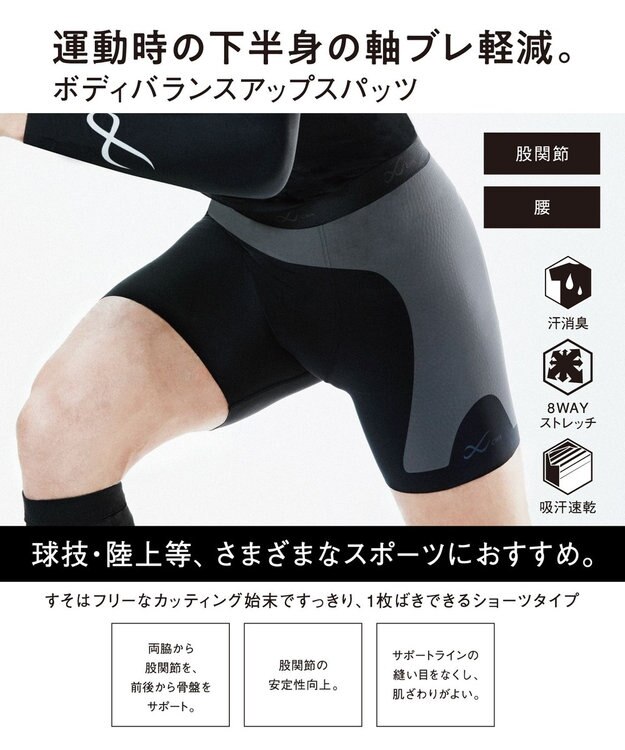 CW-X 【MEN】 CW-X 股関節サポート スパッツ 【大谷翔平愛用モデル】 下半身の軸がブレにくい 骨盤サポート 球技 陸上 ショート 2分丈 メンズ BCO101 /ワコール ブラック