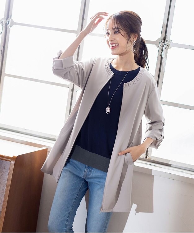 Tiaclasse 【洗える】大人可愛い衿ギャザーミディアムコート グレージュ