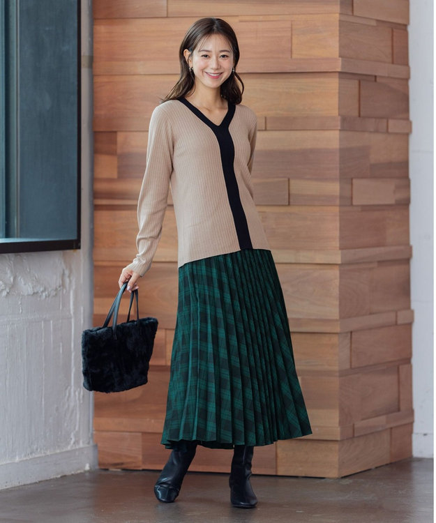 ANY 【洗える】Vネック リブニット ブラウン系1