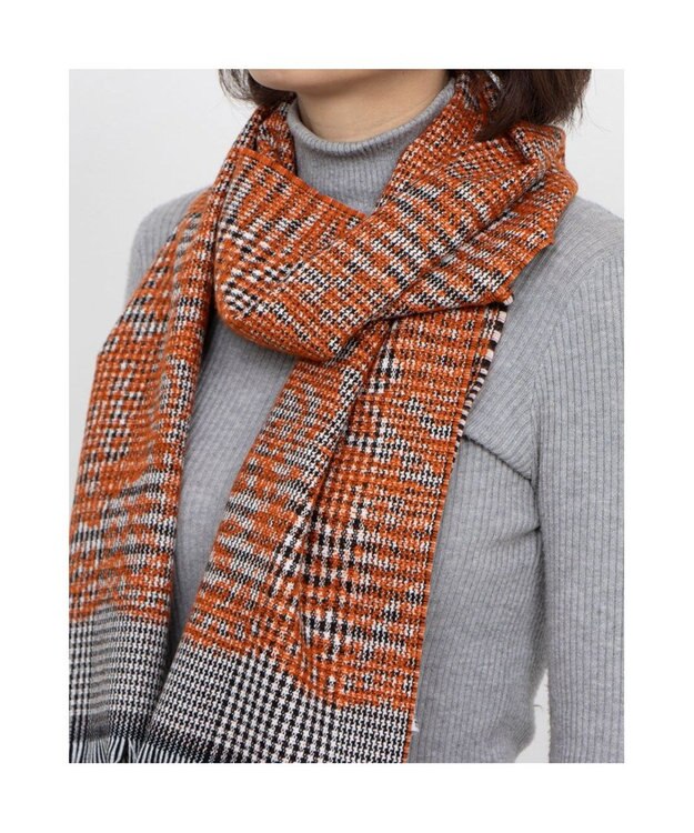 UNBILLION カシュネ cache nez / ウール混グレンチェックフラワージャカードマフラー オレンジ