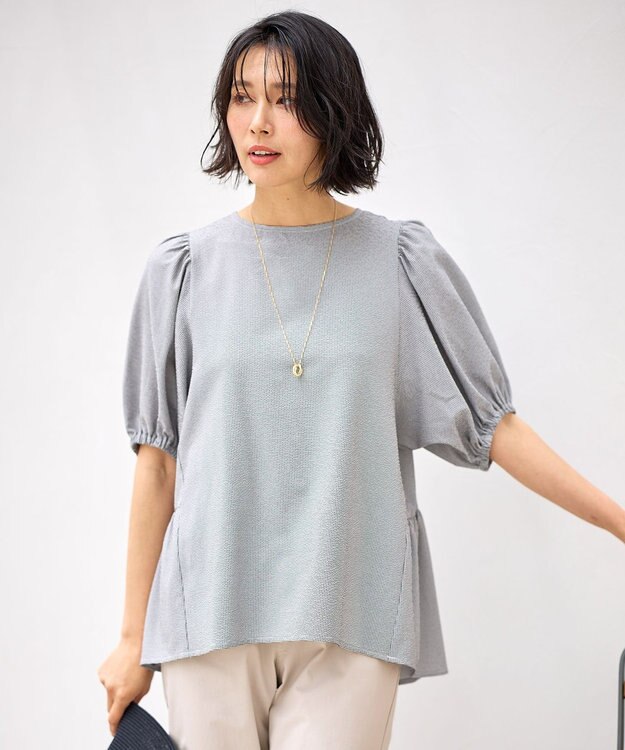 ANY サッカーギャザーバックペプラムブラウス ギンガム