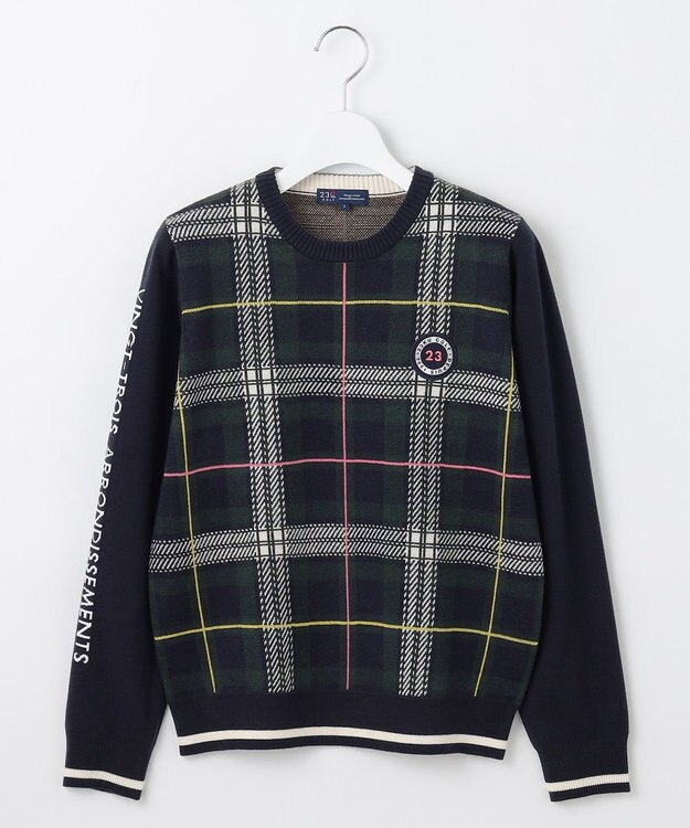 23区GOLF 【WOMEN】チェックジャガード クルーネック ニット ダークグリーン系3