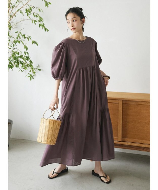 CRAFT STANDARD BOUTIQUE インド綿パフスリーブギャザーワンピース Purple