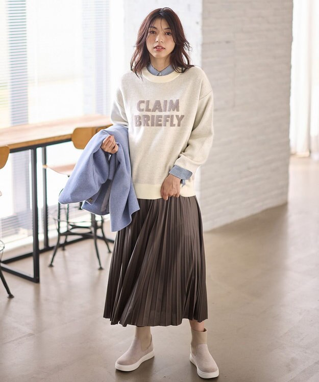 ANY 【ウエストゴム】レザーライクプリーツスカート ブラウン