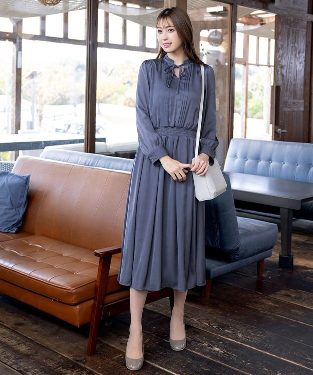 Tiaclasse 【洗える】細リボンギャザーワンピース ブルー