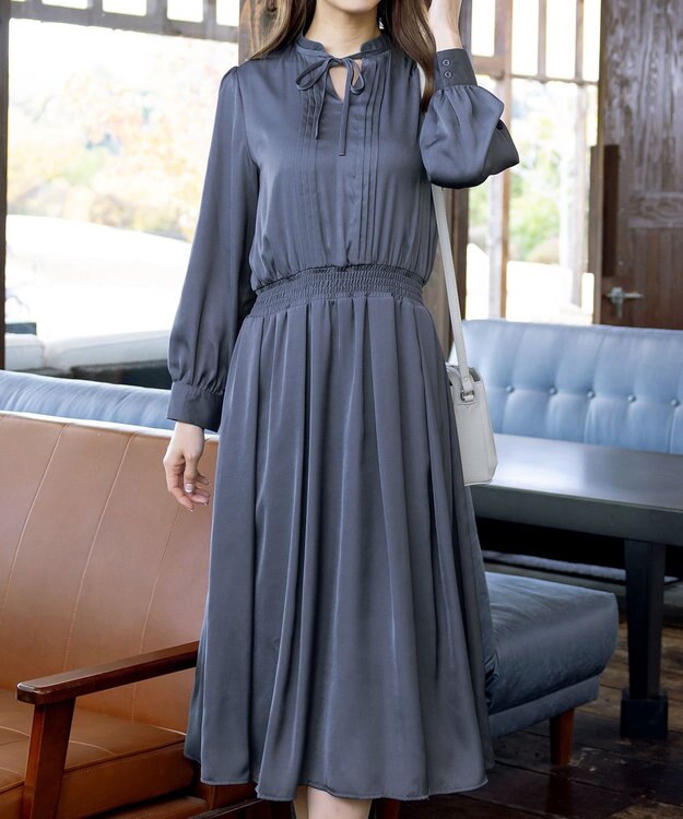 Tiaclasse 【洗える】細リボンギャザーワンピース ブルー