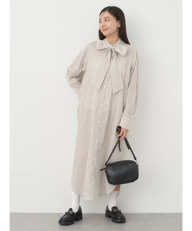 earth music&ecology ボウタイシャツワンピース Stripe Brown