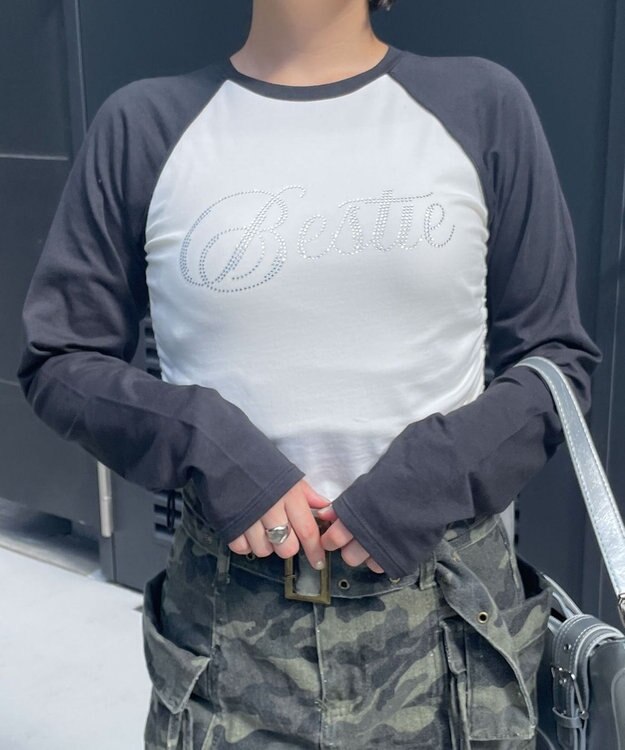 WEGO ラインストーンサイドドロストラグランロンT ブラック