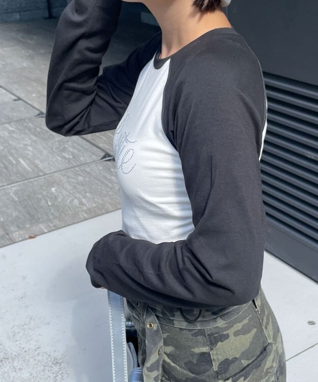 WEGO ラインストーンサイドドロストラグランロンT ブラック