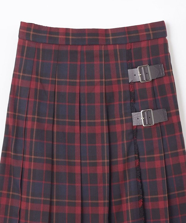 ANY L 【手洗い/ウエストゴム】チェック柄フリンジプリーツスカート レッド