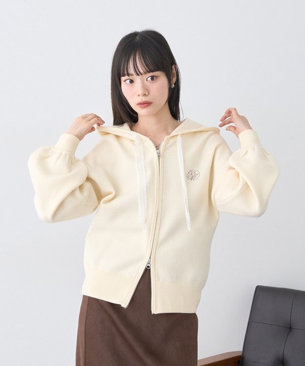 earth music&ecology レースコードダブルジップニットパーカー Ivory